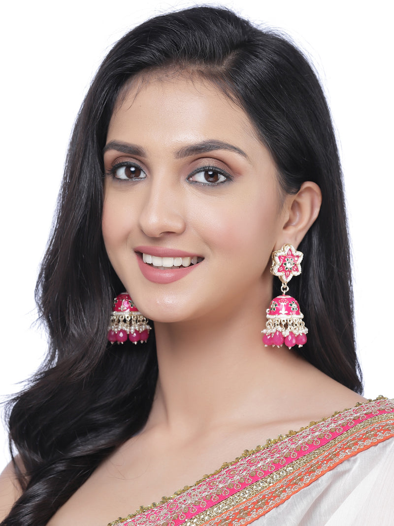 Gold-Plated Pink & White Kundan-Pearls studded Star Shaped Enamelled Jhumka Earrings