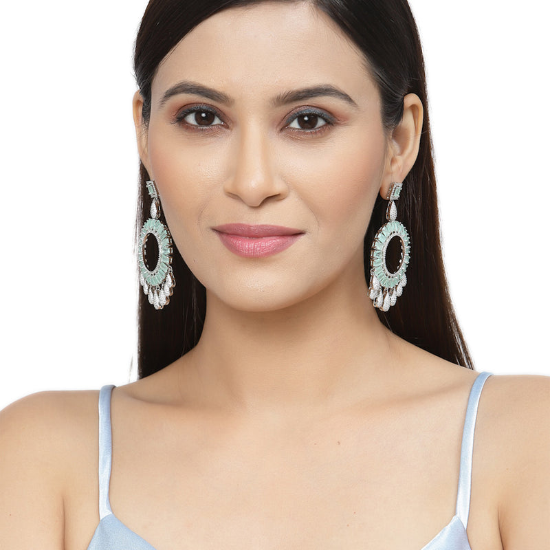 Rhodium-Plated Sea Green American Diamond studded Circular Shape Dangle Earrings
