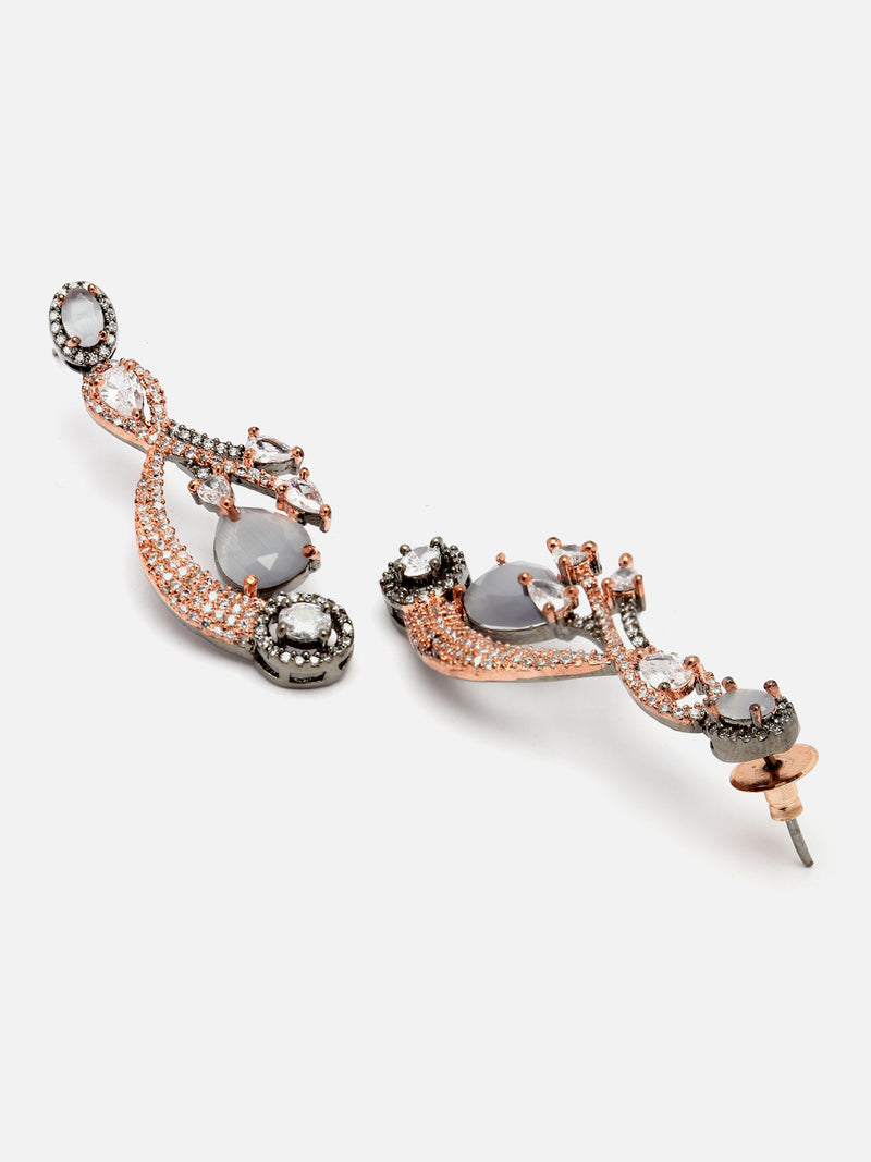 Rose Gold-Plated Gunmetal Toned Grey American Diamond studded Quirky Shaped Drop Earrings