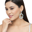 Rhodium-Plated Sea Green American Diamond studded Circular Shape Dangle Earrings