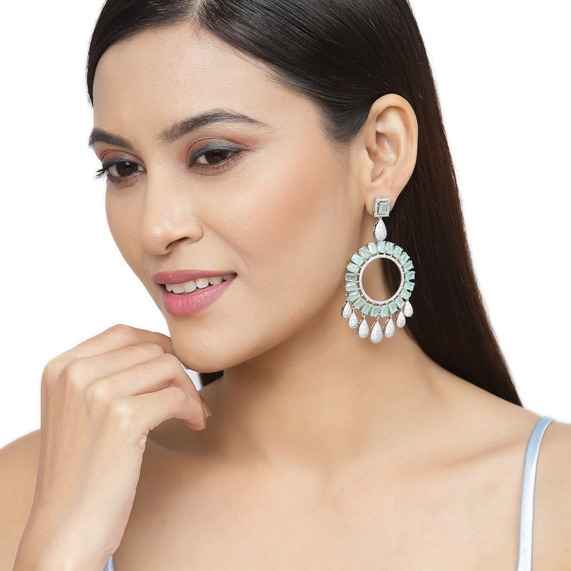 Rhodium-Plated Sea Green American Diamond studded Circular Shape Dangle Earrings