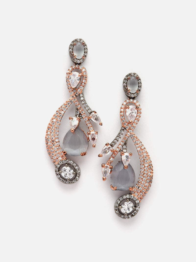 Rose Gold-Plated Gunmetal Toned Grey American Diamond studded Quirky Shaped Drop Earrings