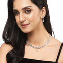 Oxidised Silver-Plated White Round American Diamond Studded Necklace with Earrings Jewellery Set