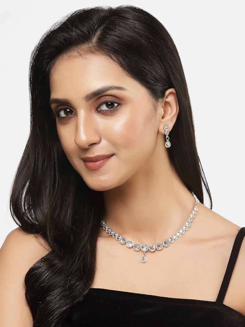 Oxidised Silver-Plated White Round American Diamond Studded Necklace with Earrings Jewellery Set