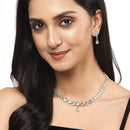Oxidised Silver-Plated White Round American Diamond Studded Necklace with Earrings Jewellery Set