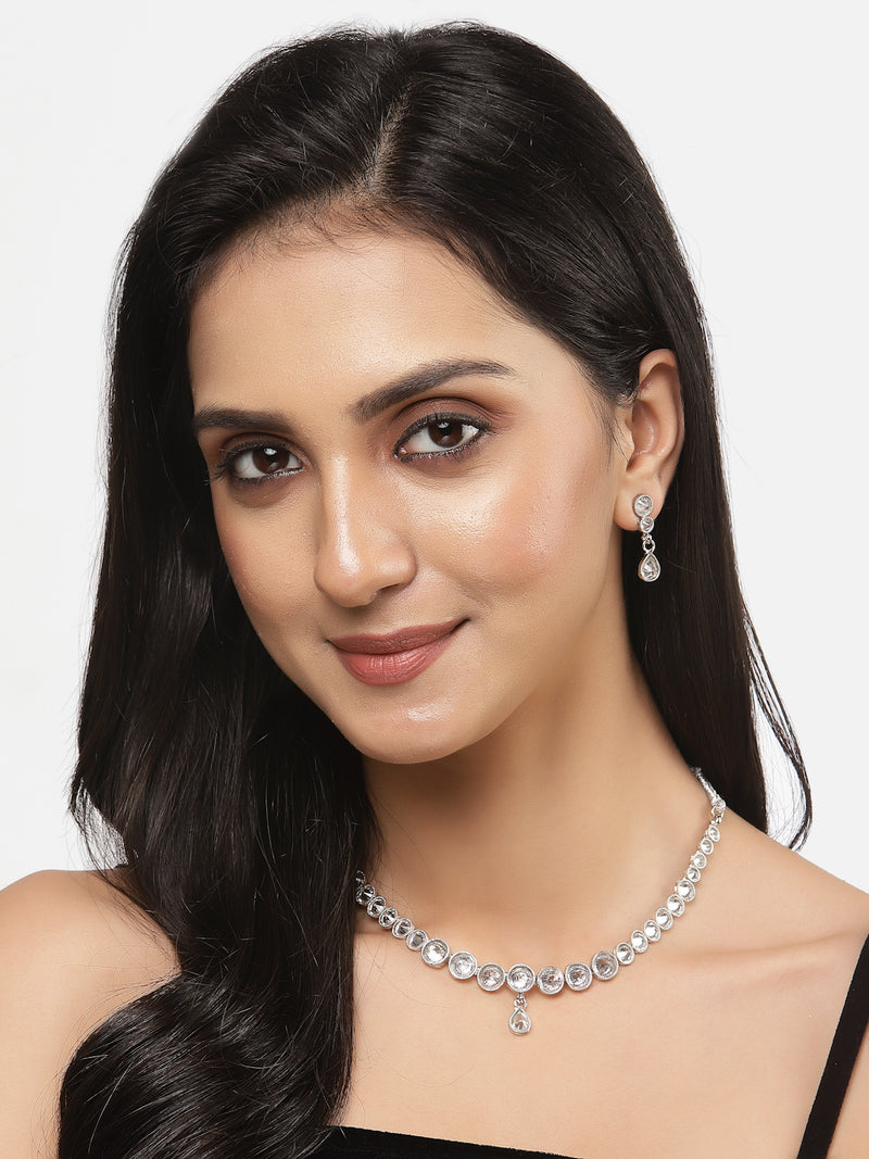 Oxidised Silver-Plated White Round American Diamond Studded Necklace with Earrings Jewellery Set