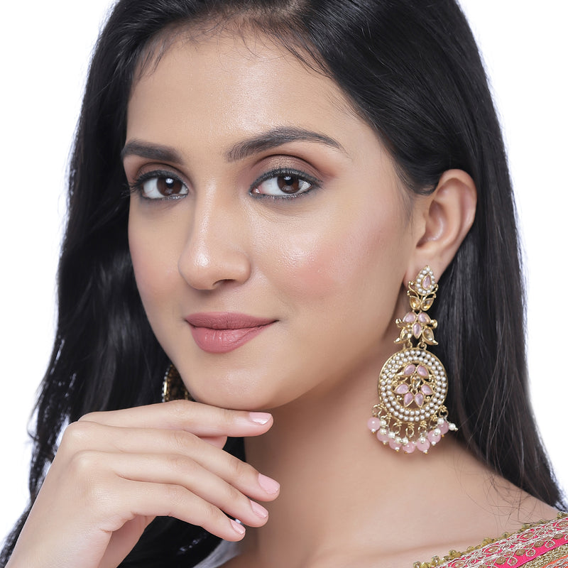 Gold-Plated Pink Kundan & White Pearls studded Antique Classic Drop Earrings