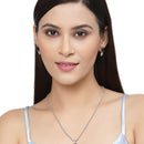 Rhodium-Plated Navy Blue American Diamond Studded Square & Leaf Shaped Pendant with Earrings Jewellery Set