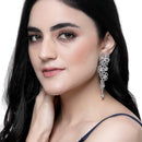 Rhodium-Plated Pink & White American Diamond studded Floral Chandelier Drop Earrings