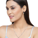 Rhodium-Plated Navy Blue American Diamond Studded Square & Leaf Shaped Pendant with Earrings Jewellery Set
