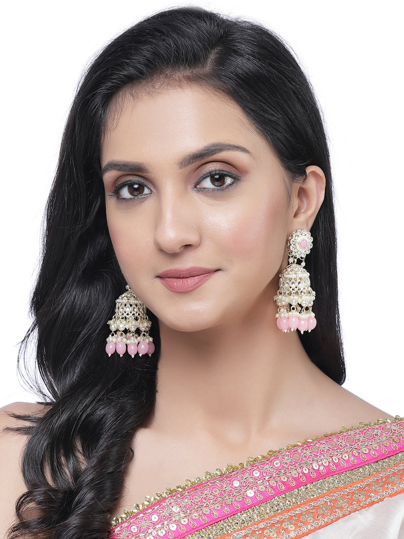 Gold-Plated Pink Kundan & White Pearls studded Dome Shaped Vilandi Jhumka Earrings