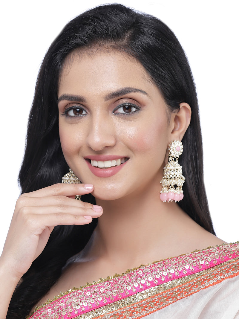 Gold-Plated Pink Kundan & White Pearls studded Dome Shaped Vilandi Jhumka Earrings