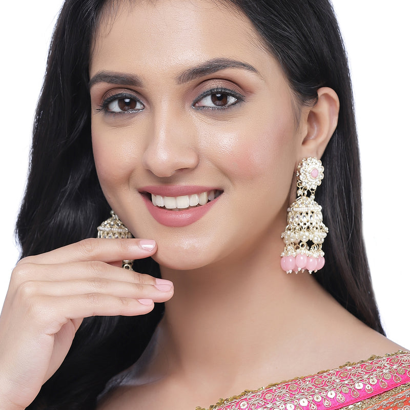 Gold-Plated Pink Kundan & White Pearls studded Dome Shaped Vilandi Jhumka Earrings
