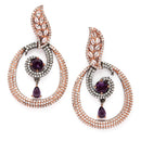 Rose Gold-Plated Gunmetal Toned Purple American Diamond studded Oval Shaped Drop Earrings
