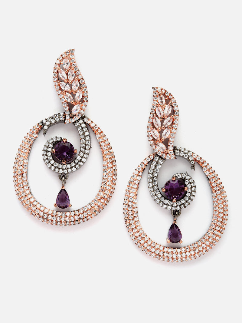 Rose Gold-Plated Gunmetal Toned Purple American Diamond studded Oval Shaped Drop Earrings