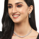 Rhodium-Plated Silver Toned Round Pink & Sea Green American Diamond Studded Necklace Earrings Jewellery Set