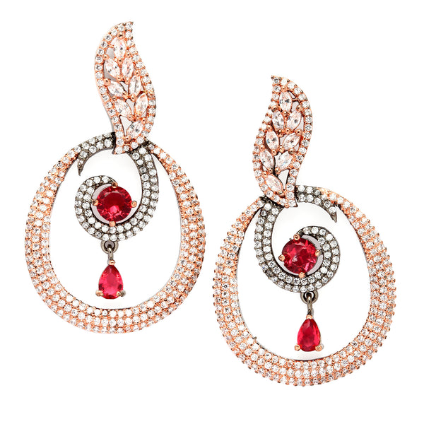 Rose Gold-Plated Gunmetal Toned Red American Diamond studded Oval Shaped Drop Earrings