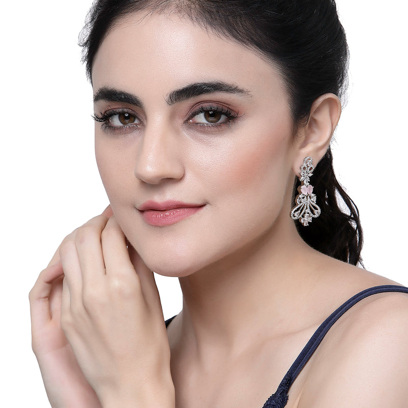 Rhodium-Plated Pink & White American Diamond studded Paisley Shaped Drop Earrings