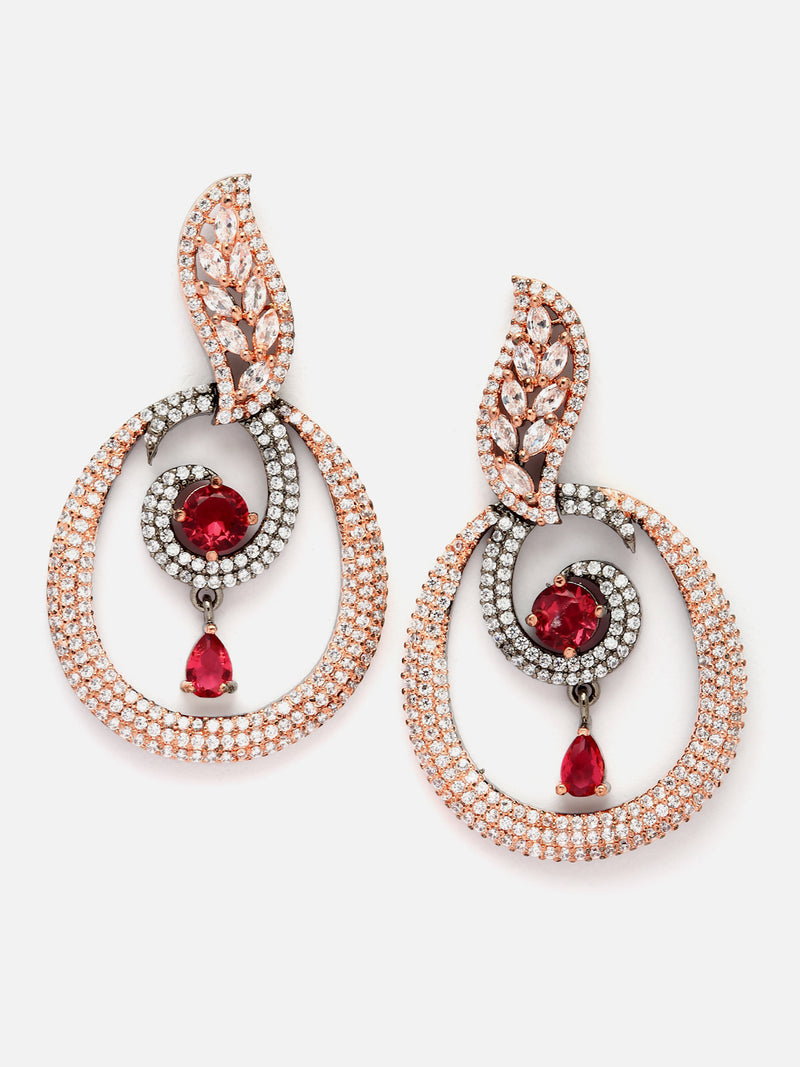 Rose Gold-Plated Gunmetal Toned Red American Diamond studded Oval Shaped Drop Earrings