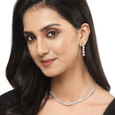 Rhodium-Plated Silver Toned Round Pink & Sea Green American Diamond Studded Necklace Earrings Jewellery Set