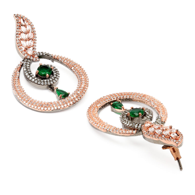 Rose Gold-Plated Gunmetal Toned Green American Diamond studded Oval Shaped Drop Earrings
