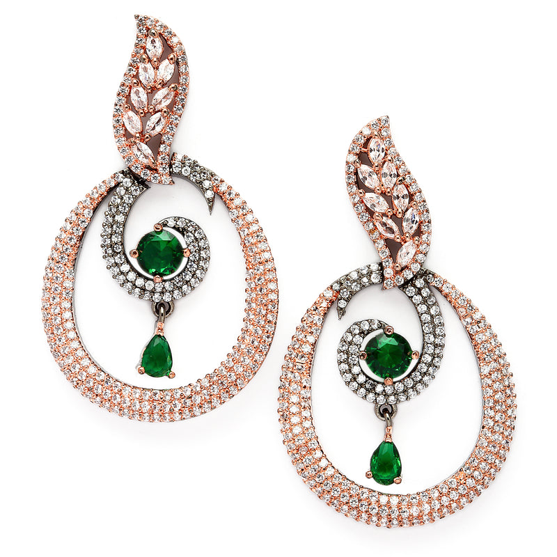 Rose Gold-Plated Gunmetal Toned Green American Diamond studded Oval Shaped Drop Earrings