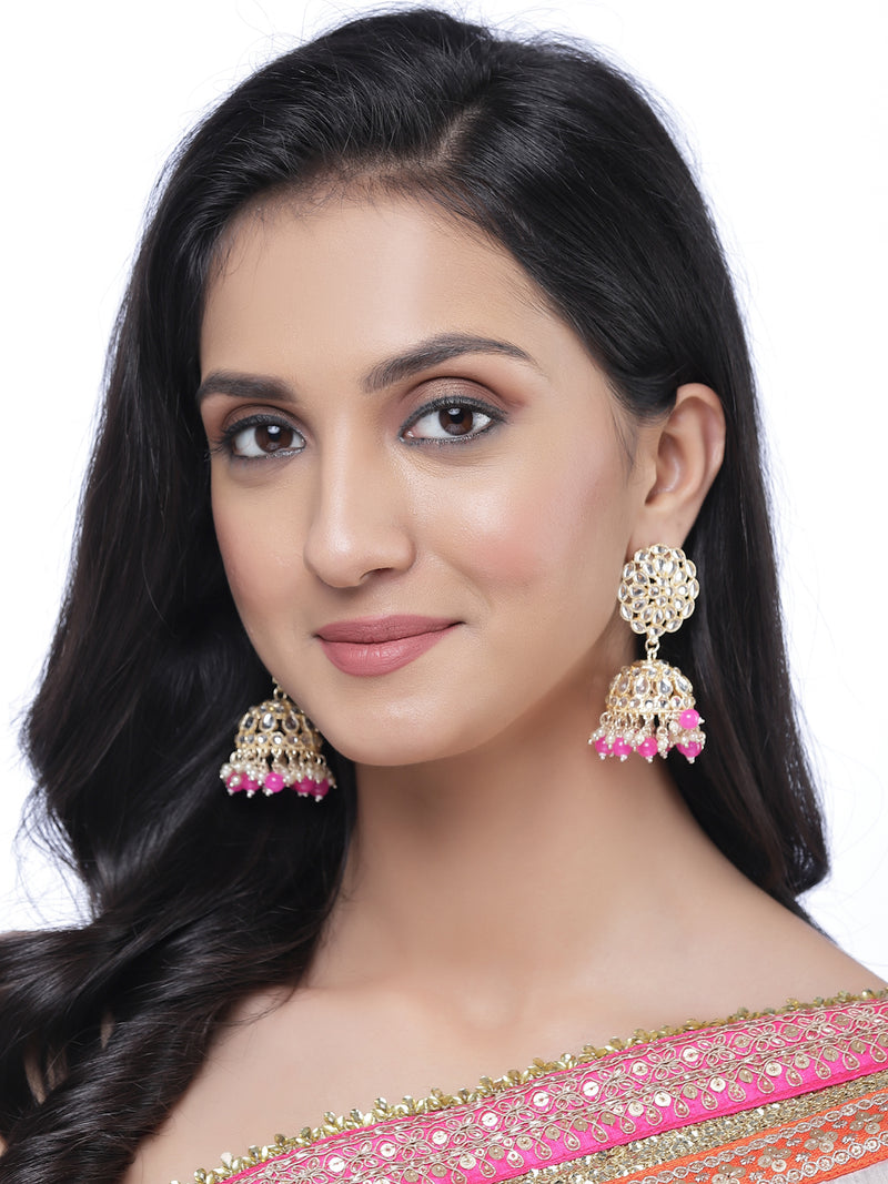 Gold-Plated Pink Kundan & White Pearls studded Flower Shaped Vilandi Jhumka Earrings