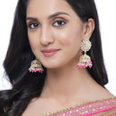 Gold-Plated Pink Kundan & White Pearls studded Flower Shaped Vilandi Jhumka Earrings