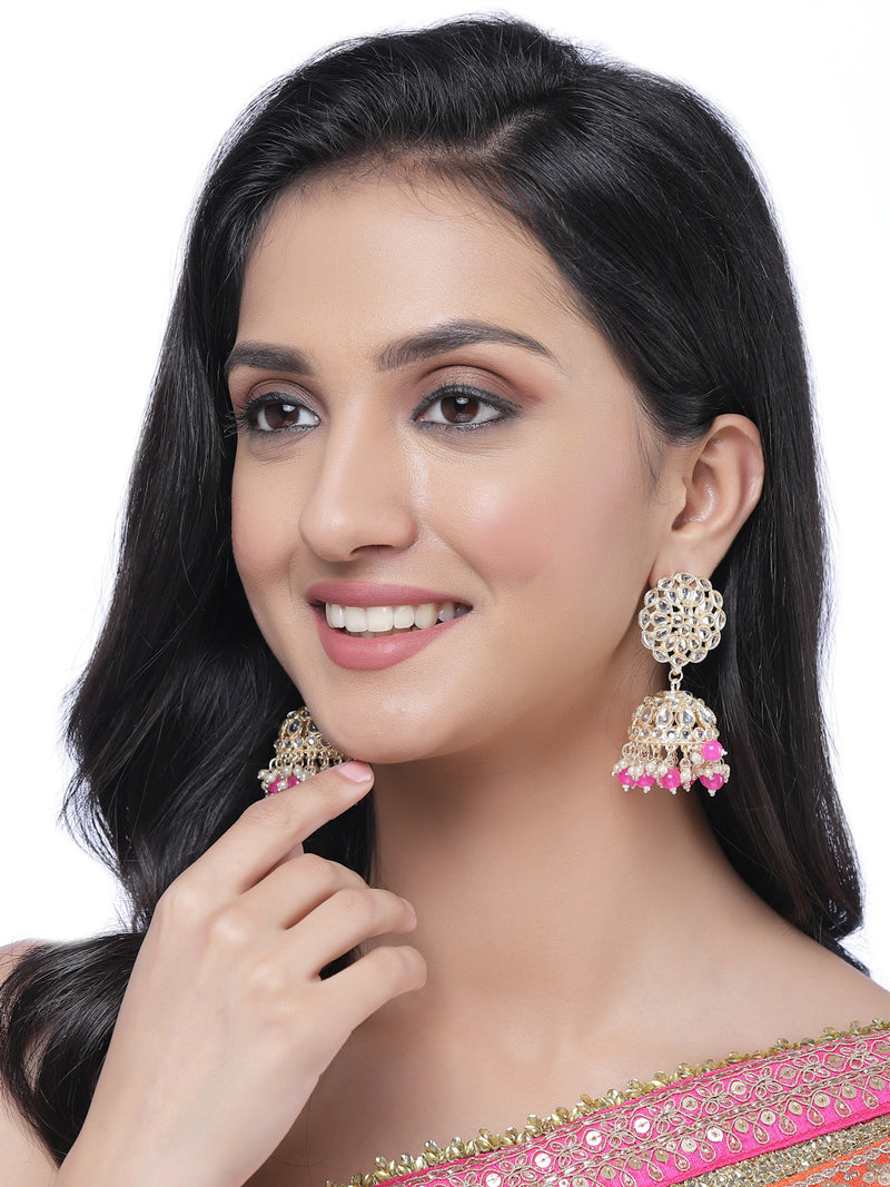 Gold-Plated Pink Kundan & White Pearls studded Flower Shaped Vilandi Jhumka Earrings
