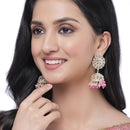 Gold-Plated Pink Kundan & White Pearls studded Flower Shaped Vilandi Jhumka Earrings