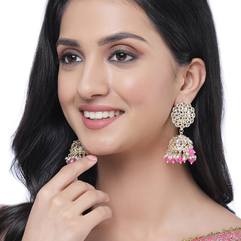 Gold-Plated Pink Kundan & White Pearls studded Flower Shaped Vilandi Jhumka Earrings