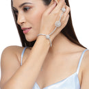 Rhodium Plated Silver Toned Flower White American Diamond Studded Hand Chain Link Ring Bracelet