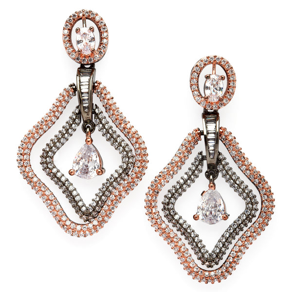 Rose Gold-Plated Gunmetal Toned Transparent American Diamond studded Layered Drop Earrings