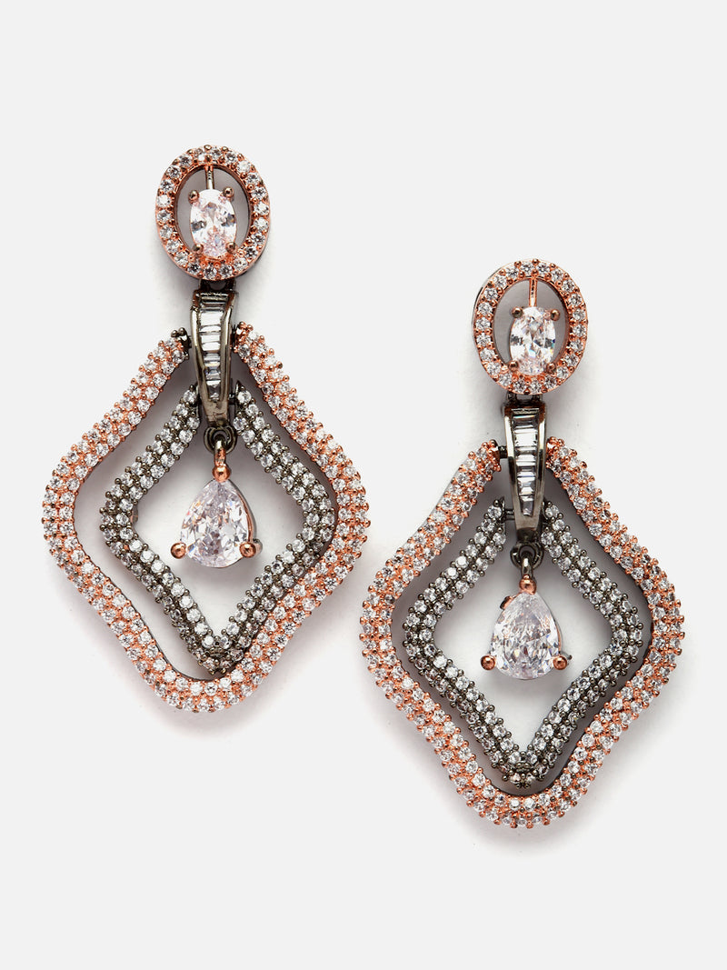 Rose Gold-Plated Gunmetal Toned Transparent American Diamond studded Layered Drop Earrings
