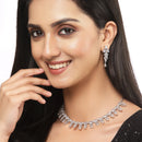 Rhodium-Plated Silver Toned Leaf White American Diamond Studded Necklace with Earrings Jewellery Set
