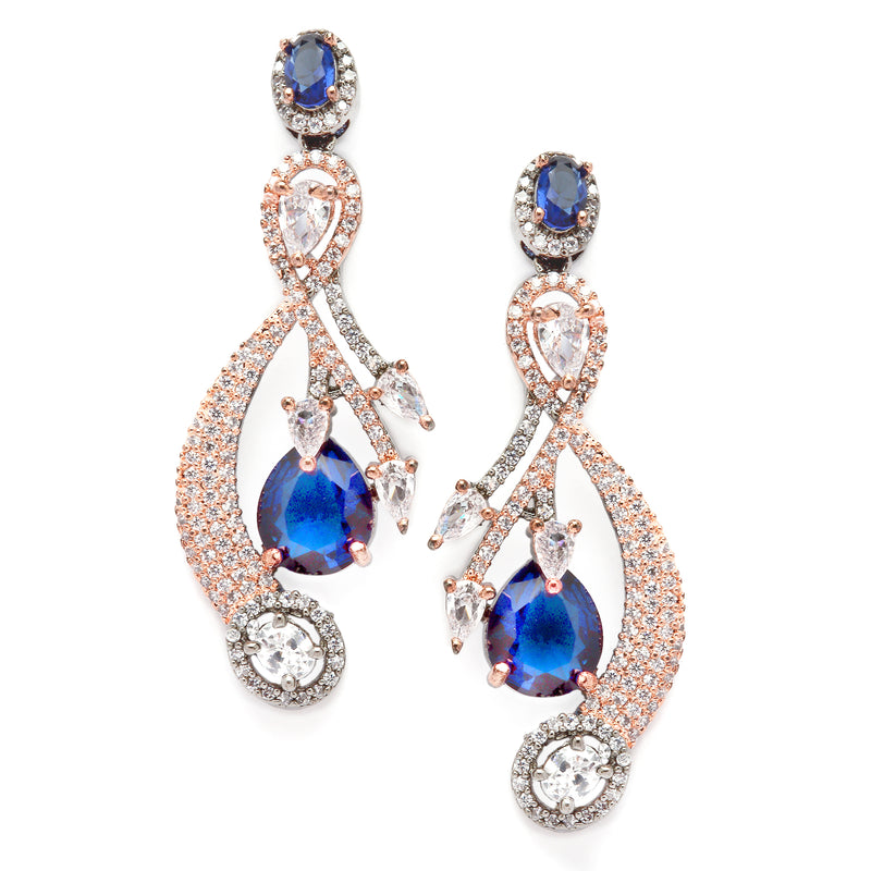 Rose Gold-Plated Gunmetal Toned Navy Blue American Diamond studded Quirky Shaped Drop Earrings