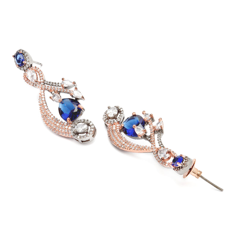 Rose Gold-Plated Gunmetal Toned Navy Blue American Diamond studded Quirky Shaped Drop Earrings