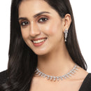 Rhodium-Plated Silver Toned Leaf White American Diamond Studded Necklace with Earrings Jewellery Set