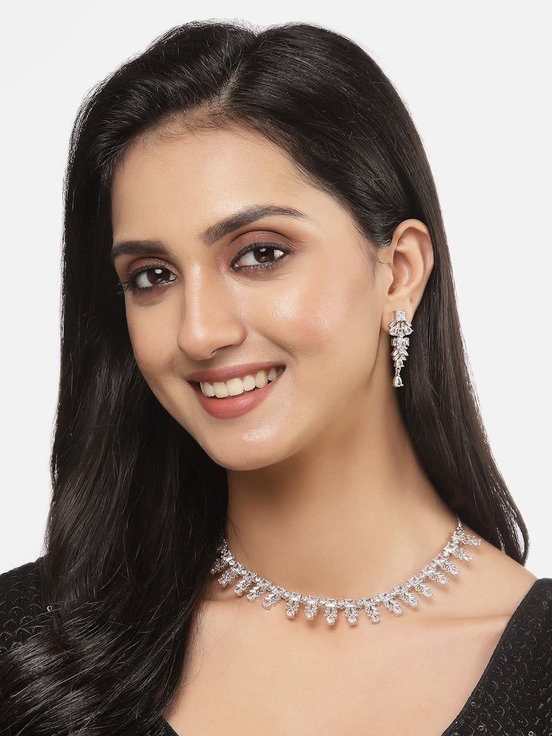 Rhodium-Plated Silver Toned Leaf White American Diamond Studded Necklace with Earrings Jewellery Set