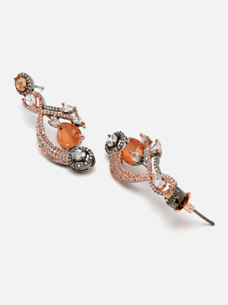 Rose Gold-Plated Gunmetal Toned Orange American Diamond studded Quirky Shaped Drop Earrings