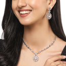 Rhodium-Plated Silver Toned Square Pink American Diamond Studded Necklace with Earring Jewellery Set