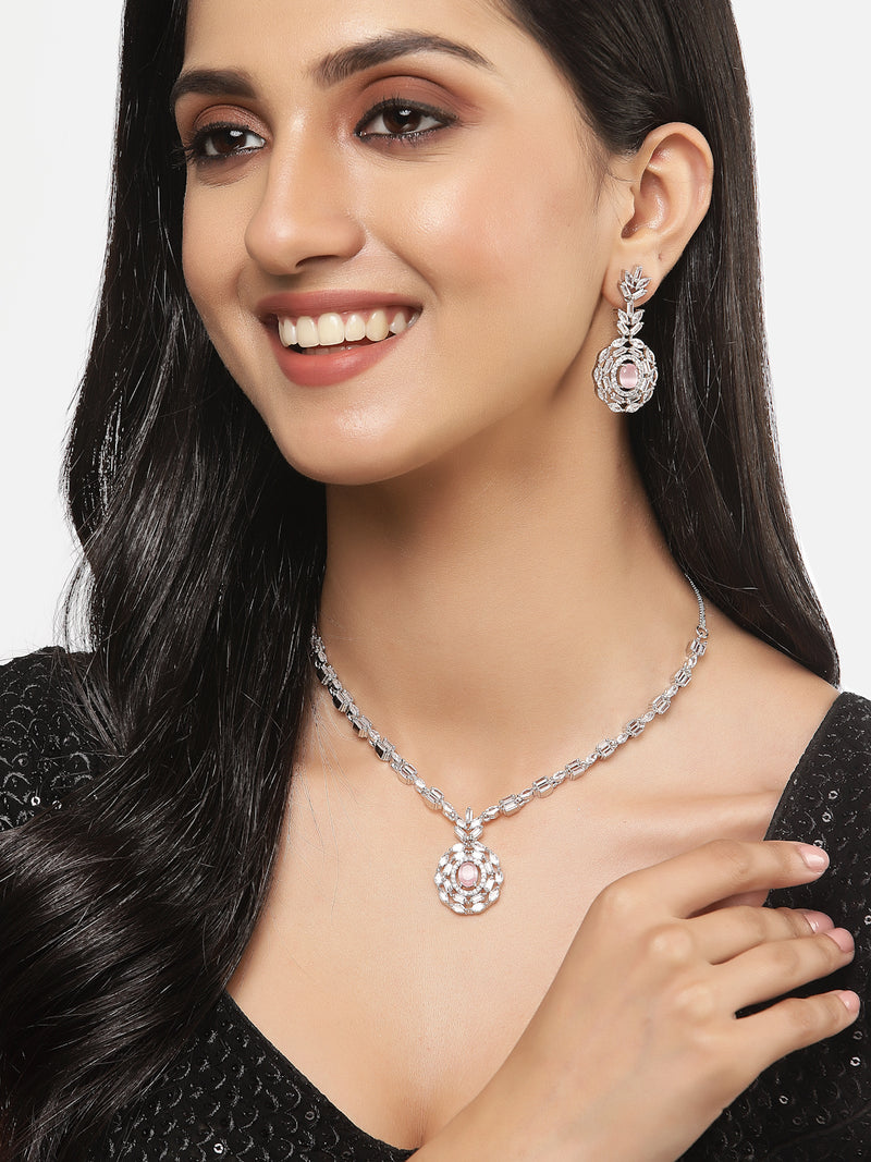 Rhodium-Plated Silver Toned Square Pink American Diamond Studded Necklace with Earring Jewellery Set