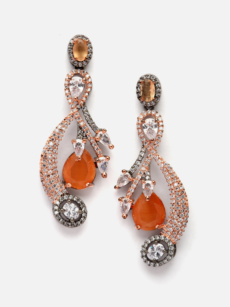 Rose Gold-Plated Gunmetal Toned Orange American Diamond studded Quirky Shaped Drop Earrings