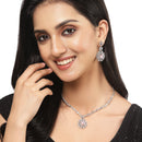 Rhodium-Plated Silver Toned Square Pink American Diamond Studded Necklace with Earring Jewellery Set