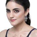 Rhodium-Plated Navy Blue & White American Diamond studded Triangular Shaped Drop Earrings