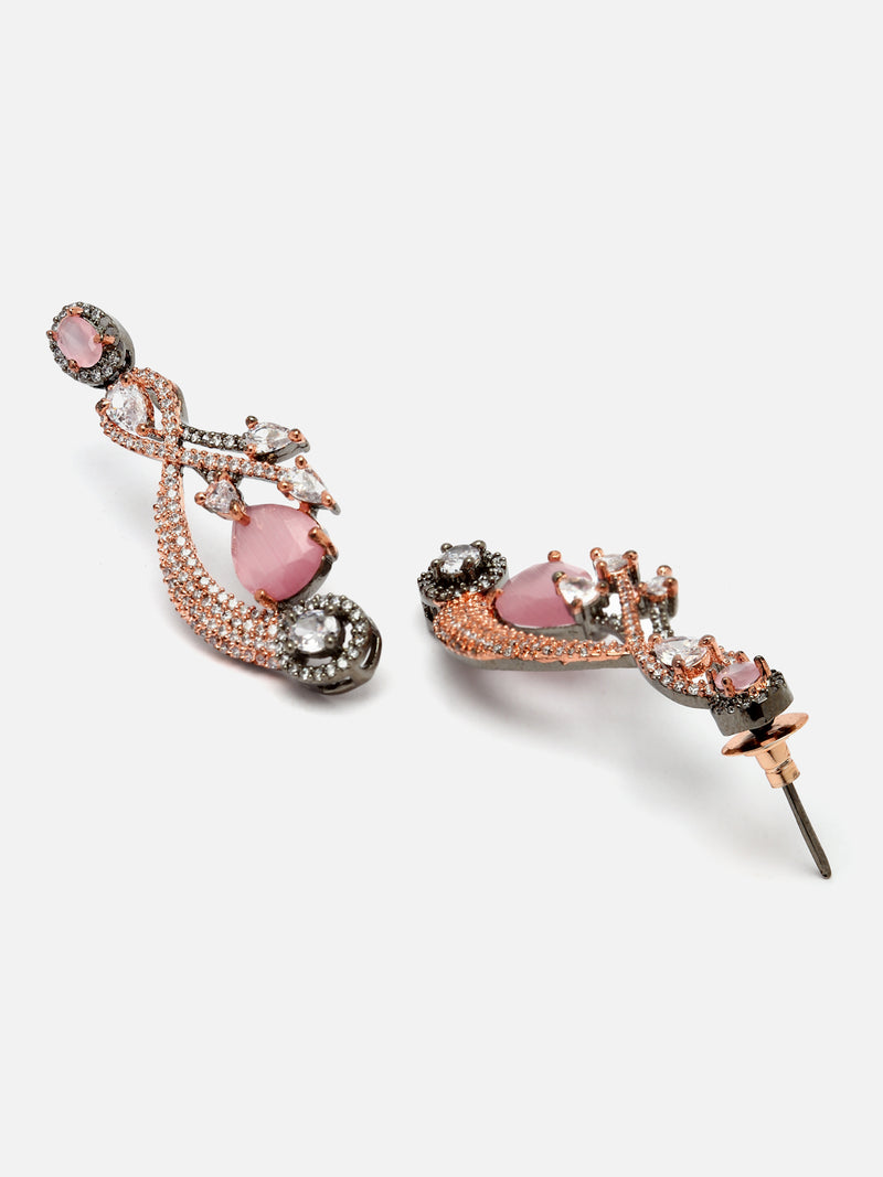 Rose Gold-Plated Gunmetal Toned Pink American Diamond studded Quirky Shaped Drop Earrings