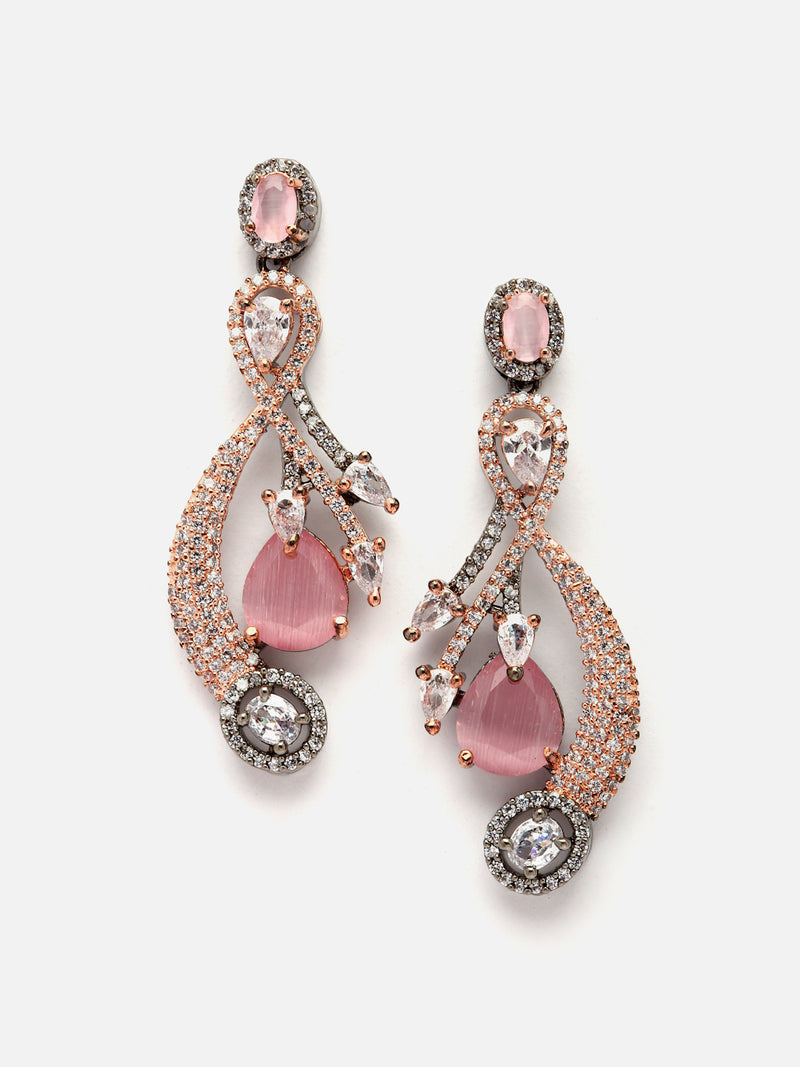 Rose Gold-Plated Gunmetal Toned Pink American Diamond studded Quirky Shaped Drop Earrings