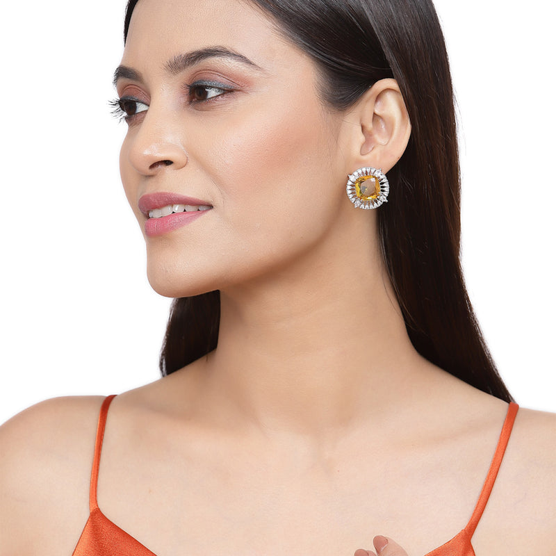 Rhodium-Plated Yellow & White American Diamond studded Contemporary Round Stud Earrings