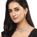 Rhodium-Plated Silver Toned Rectangle Pink American Diamond Studded Necklace Earrings Jewellery Set