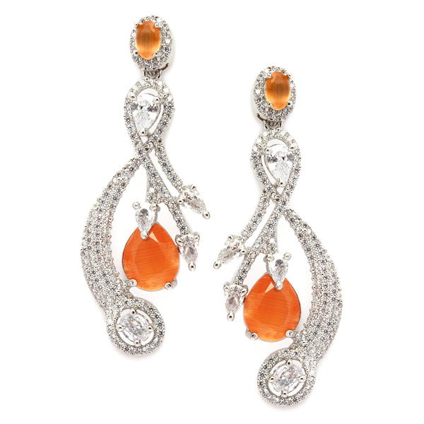 Rhodium-Plated Orange American Diamond studded Quirky Shaped Drop Earrings